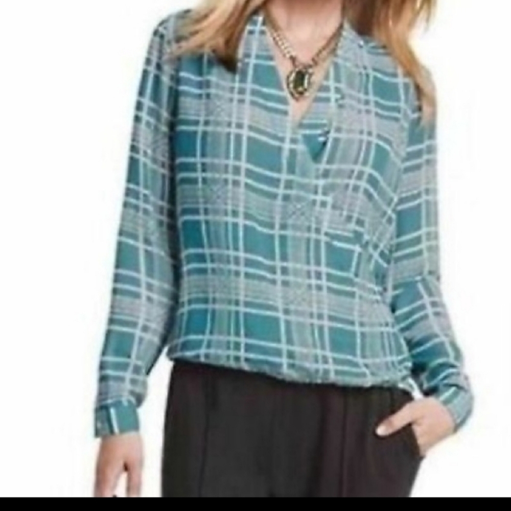 Cabi windowpane faux wrap blouse